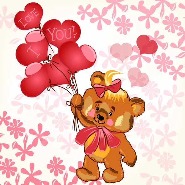 Cute Valentine's card with smile bear holding balloons in a hear — Stock Vector