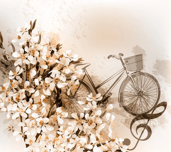 꽃, 자전거, 고음 음자리표와 꽃 복고풍 배경 — 스톡 벡터