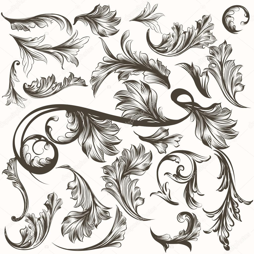 Collection of antique hand drawn ornaments for design