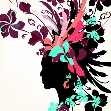 Fashion background with female face and floral hair clipart