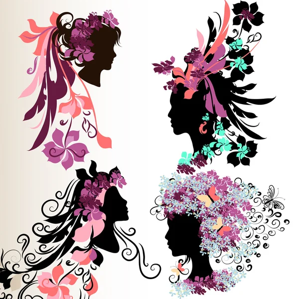 Moda abstracta siluetas de cara femenina con peinado floral — Vector de stock