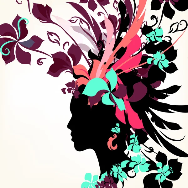 Módní pozadí s ženskou tváří a květinové vlasy — Stockový vektor