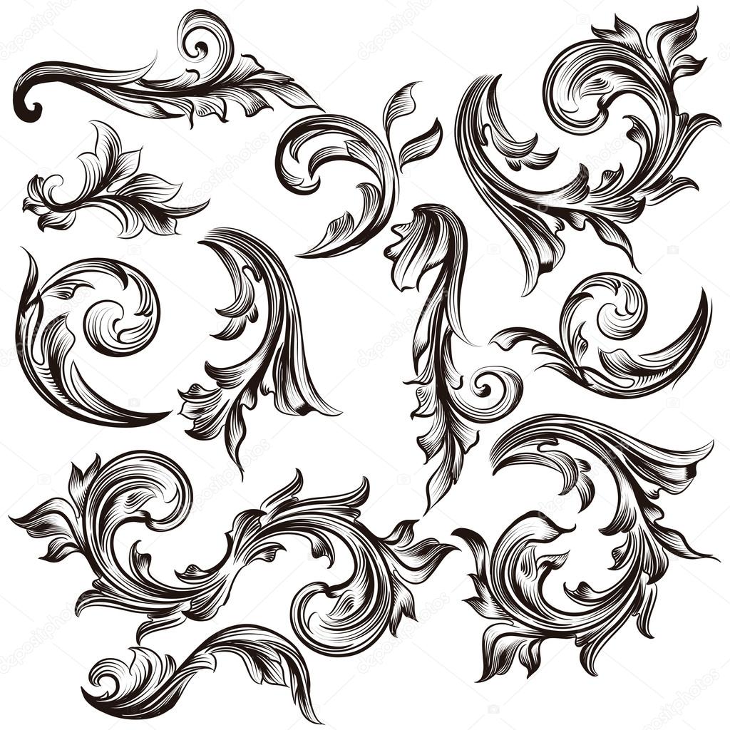 Collection of calligraphic swirls in vintage style