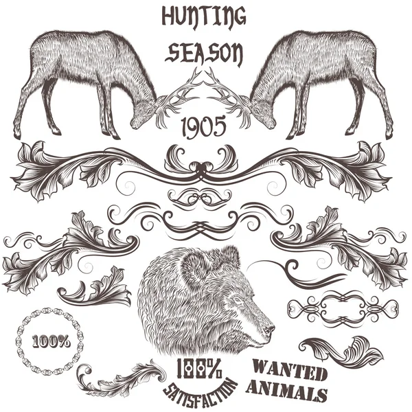 Collection d'animaux vectoriels dessinés à la main et tourbillons floraux pour de — Image vectorielle