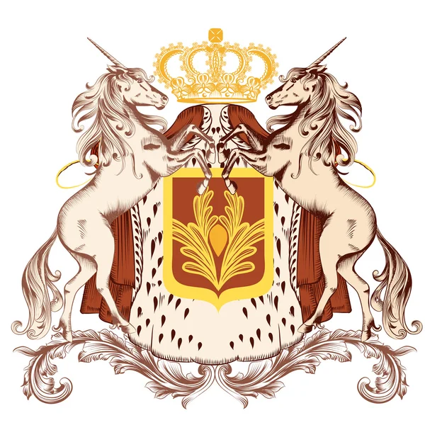 Heraldische ontwerp met wapenschild en eenhoorns — Stockvector