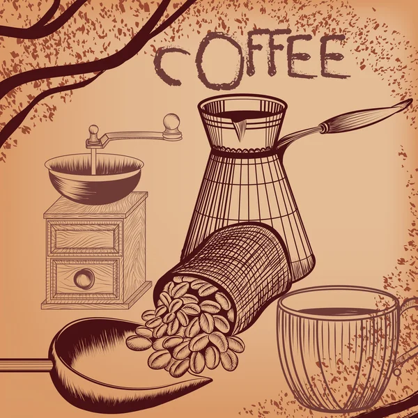 Koffie poster met de hand getekende koffiemolen, mok en koffie korrels — Stockvector