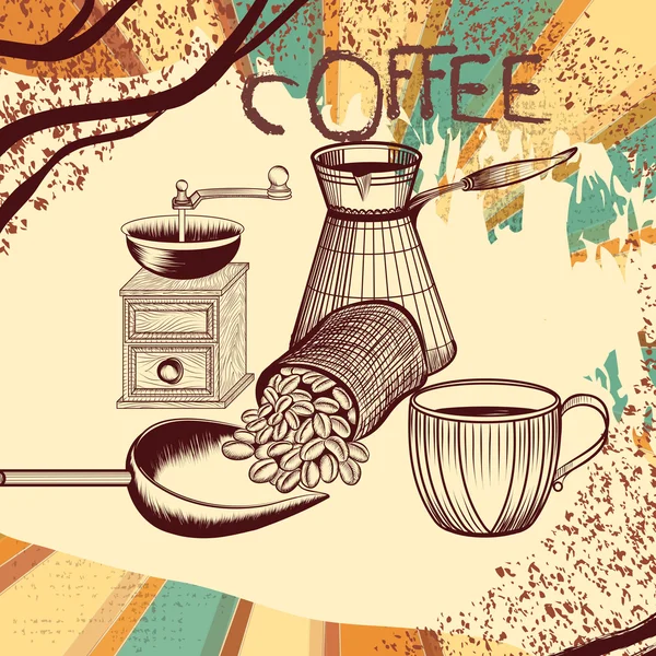 Cartel retro de café con molino de café dibujado a mano, taza y café — Vector de stock