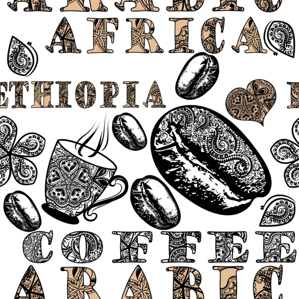 Kaffe seamless mönster med etniska afrikanska prydnad, kaffe gra — Stock vektor