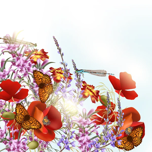 Flores de campo com borboletas — Vetor de Stock