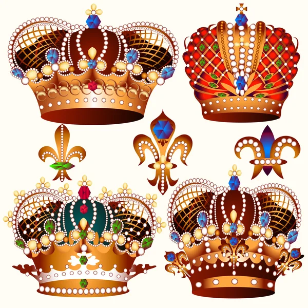 Heraldic collection of vector colored crowns decorated by stones — Stock Vector