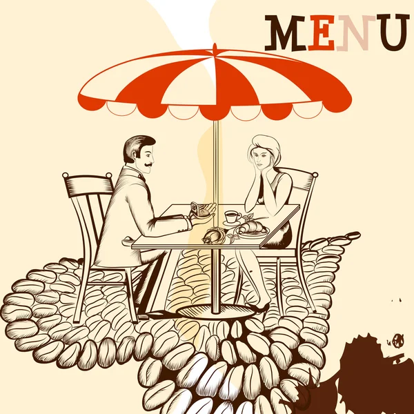 Cartel de café con mesa de café, café y pareja joven nupcial an — Vector de stock