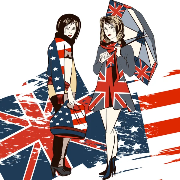 Mode fond à la mode avec les filles et drapeau anglais et américain — Image vectorielle