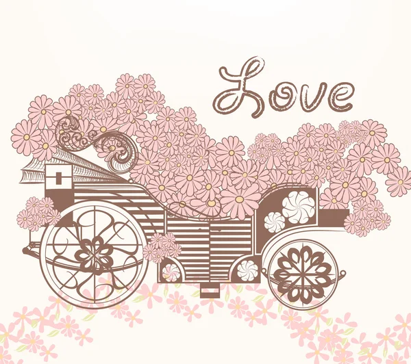 Illustration avec une fausse voiture d'art et des fleurs dans un style vintage — Image vectorielle