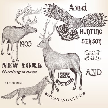 vektör toplama el vintage tarzı çizilmiş hayvan