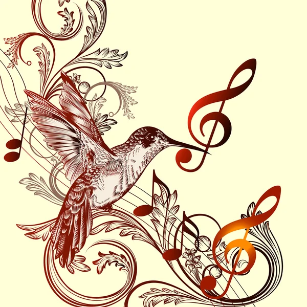 Hermoso fondo musical con colibrí y clave de agudos — Archivo Imágenes Vectoriales