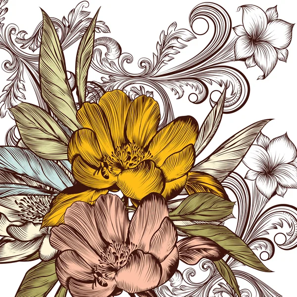 Цветочный векторный рисунок с пионом и орнаментом — стоковый вектор