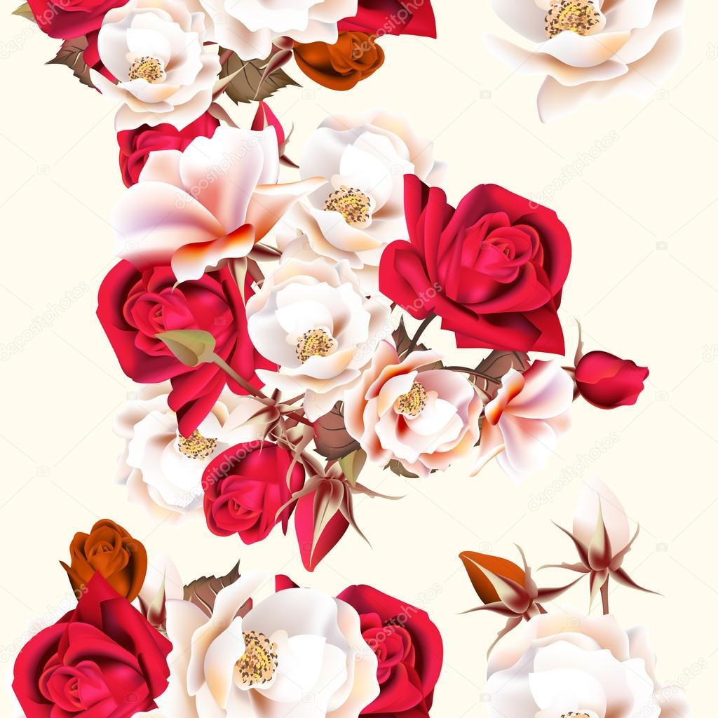 Floral seamless pattern with white and red roses in vintage styl