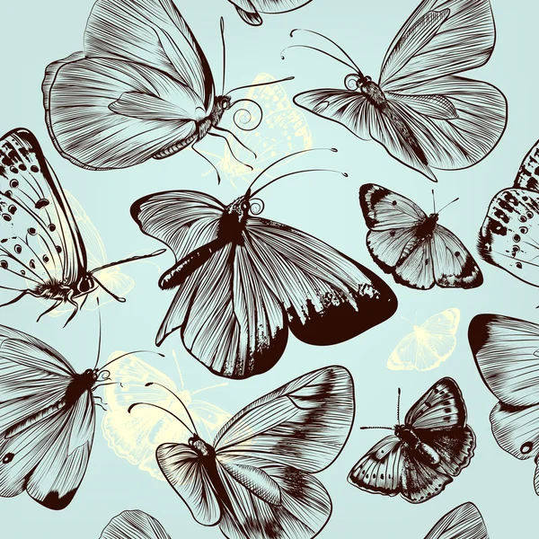 Butterfly seamless pattern with engraved insects in vintage styl — Stock Vector