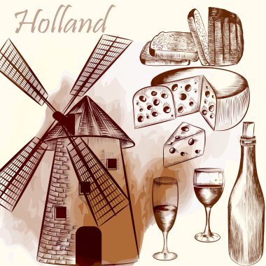 Engraved background with mill, vine, cheese and bread clipart