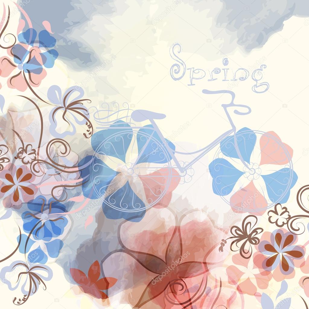 Abstract spring background with flowers and bicycle in watercolo