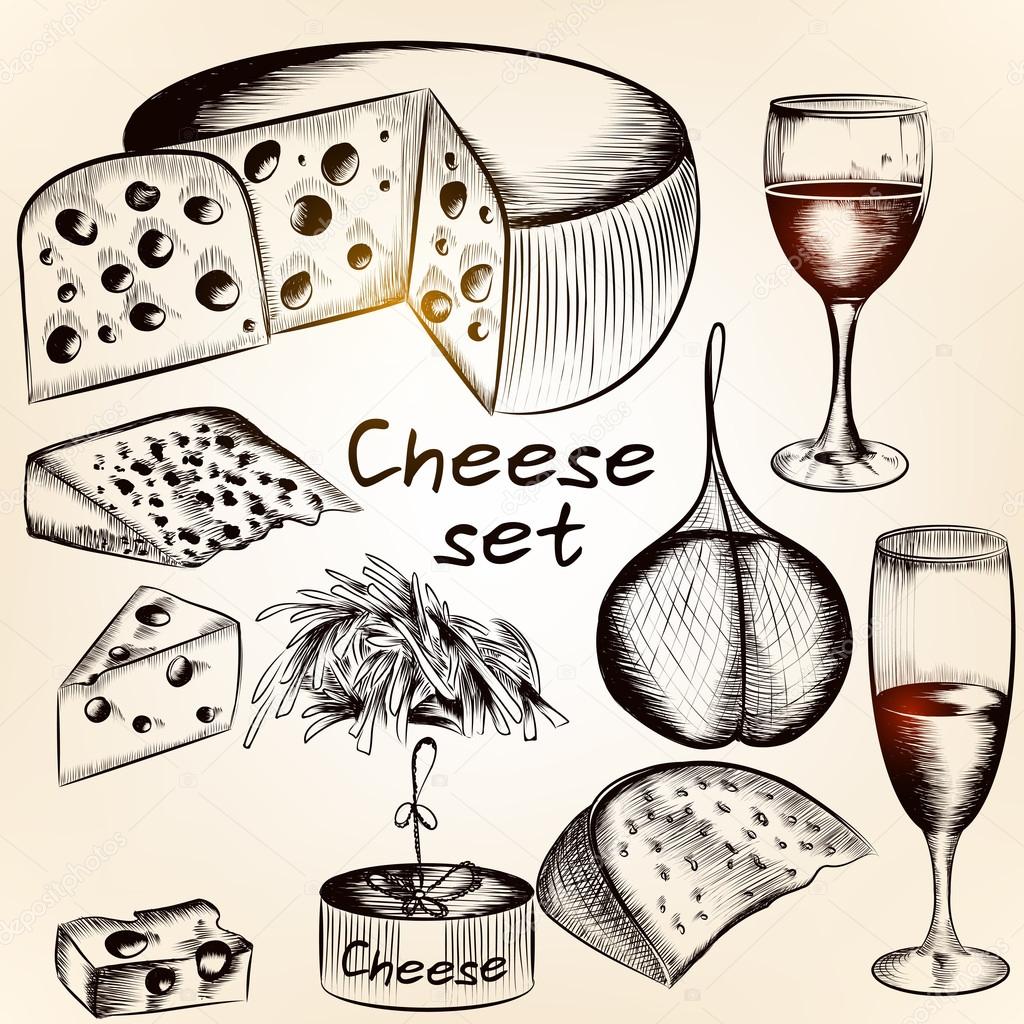 Collection of vector hand drawn cheese assorted