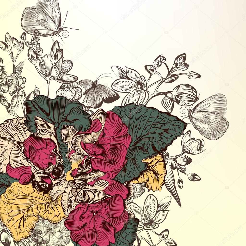 Floral background with engraved flowers