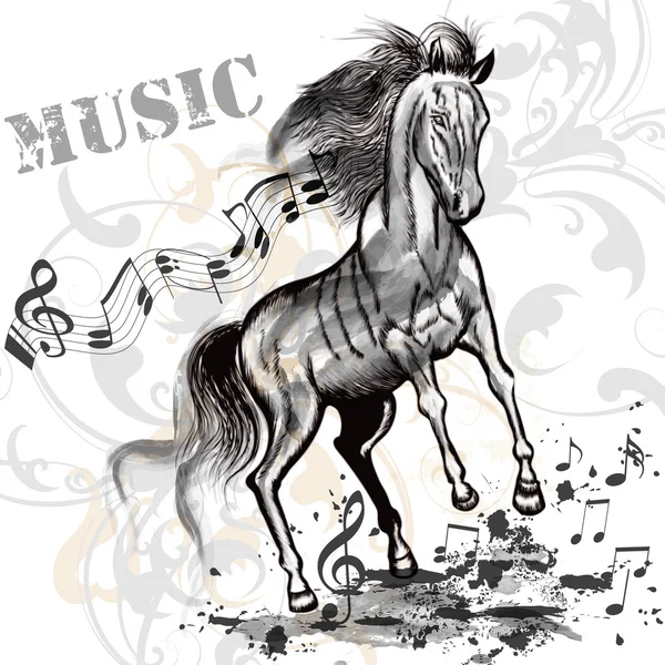 Fondo musical con caballo corriendo y notas — Vector de stock