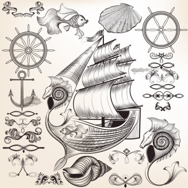 Deniz konulu vektör kaligrafi öğeleri koleksiyonu
