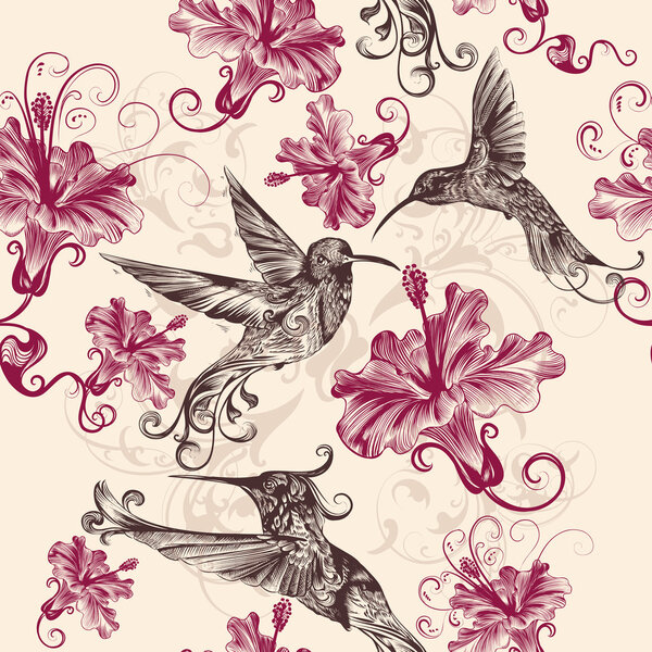 Beautiful seamless wallpaper pattern with hummingbirds and flowe