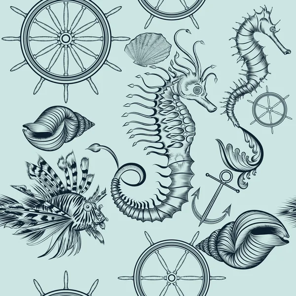 Vintage motif de papier peint sans couture avec des animaux de mer — Image vectorielle