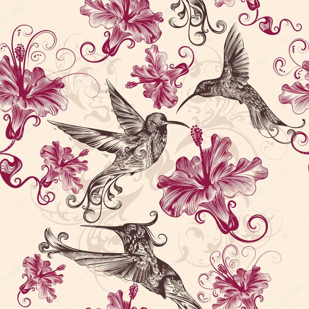 Hermoso patrón de fondo de pantalla sin costuras con colibríes y flowe  Vector de stock #71186127 de ©MashaKotscur, image size:1024x1024