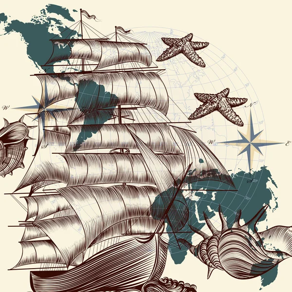 Barco antiguo, conchas y mapa, tema de tropiezo — Vector de stock