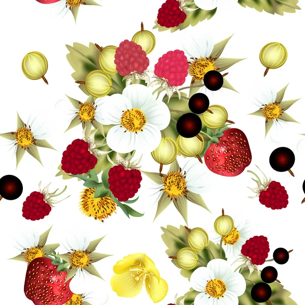 Цветочный бесшовный рисунок с клубникой, ежевикой, ягодами и — стоковый вектор