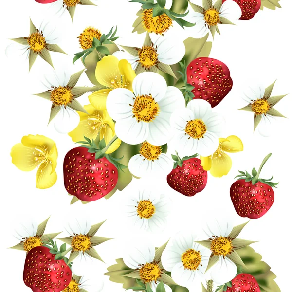 Floral seamless pattern with strawberry berries and flowers — Stock Vector