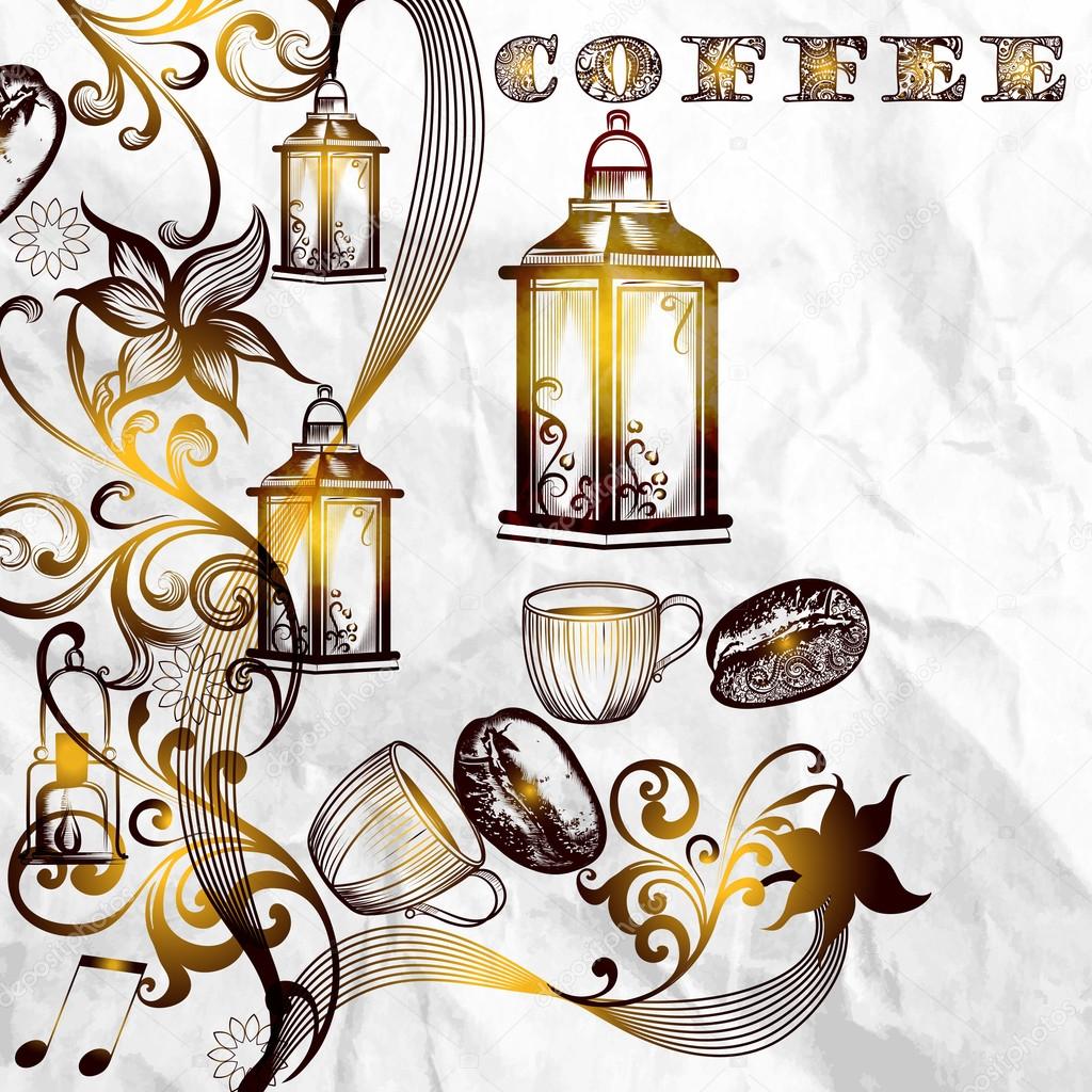 Antique coffee background with grains and shiny lamps on a paper