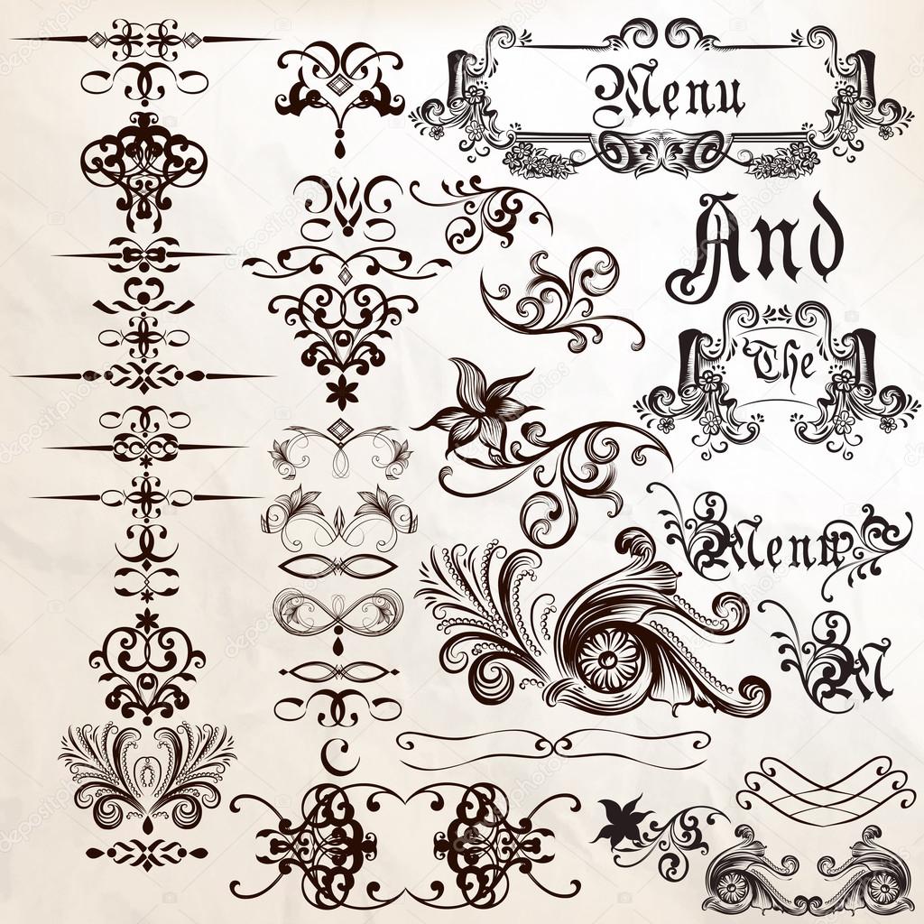 Collection of vector calligraphic elements frames and flourishes