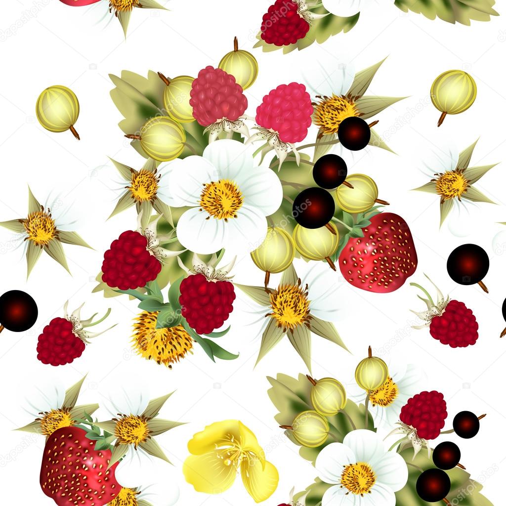 Floral seamless pattern with strawberry, blackberry, berries and