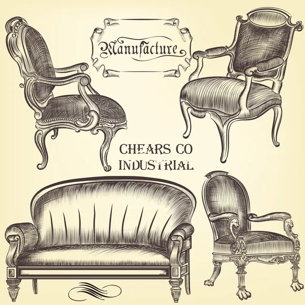 Ensemble antique de chaises vectorielles dessinées à la main dans un style vintage — Image vectorielle