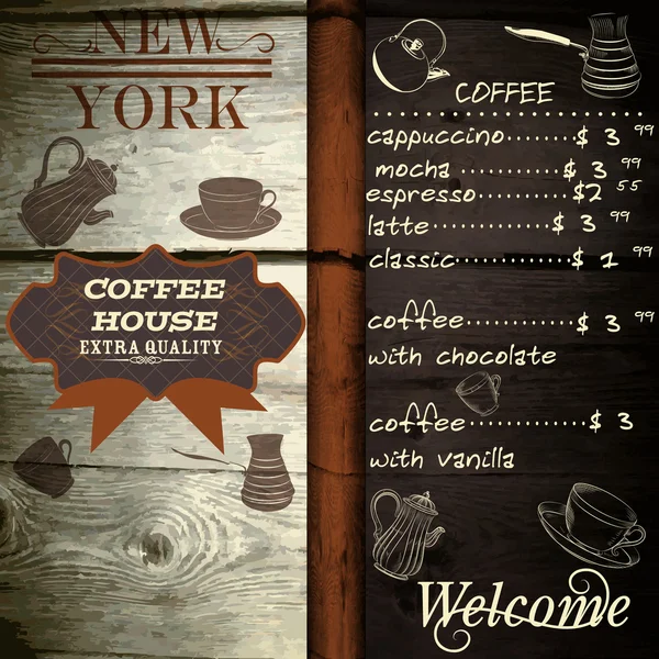 Cafe nebo kávu design domu na dřevěné textury s ceníkem — Stockový vektor