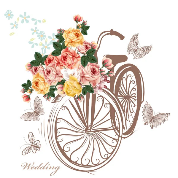 Bicicleta com cesta totalmente de flores de rosa — Vetor de Stock