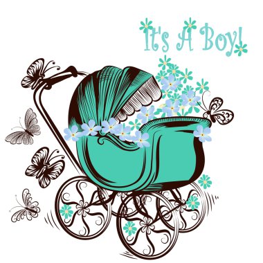 Doğum günü tebrik kartı çocukça çocuk arabası ve kelebekler 