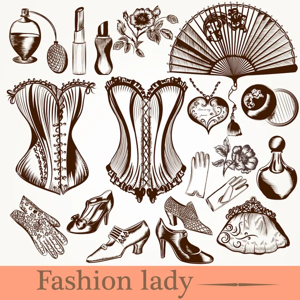 Vector moda señora set accesorios clothiers y cosméticos — Vector de stock