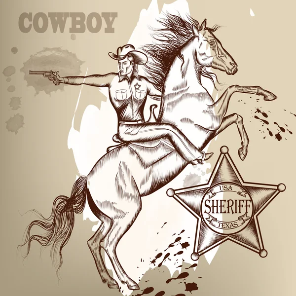 Cowboy of sheriff op een paard shoutting uit gun — Stockvector