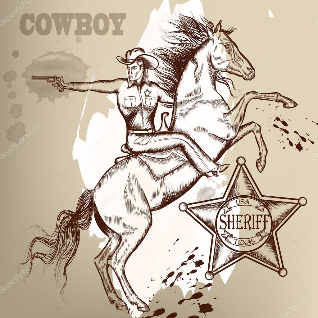 Cowboy or sheriff on a horse shoutting from gun