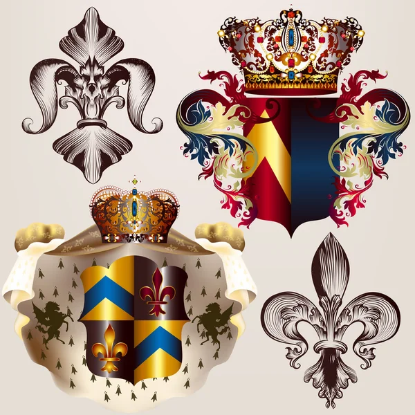 Heraldische Vektorentwürfe mit Wappen, Kronen und Shi — Stockvektor