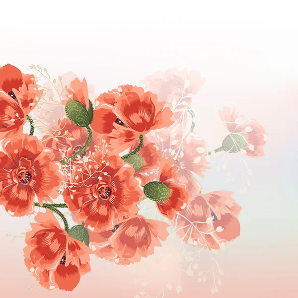 Fondo vector floral con flores de amapola roja en suave mañana — Archivo Imágenes Vectoriales