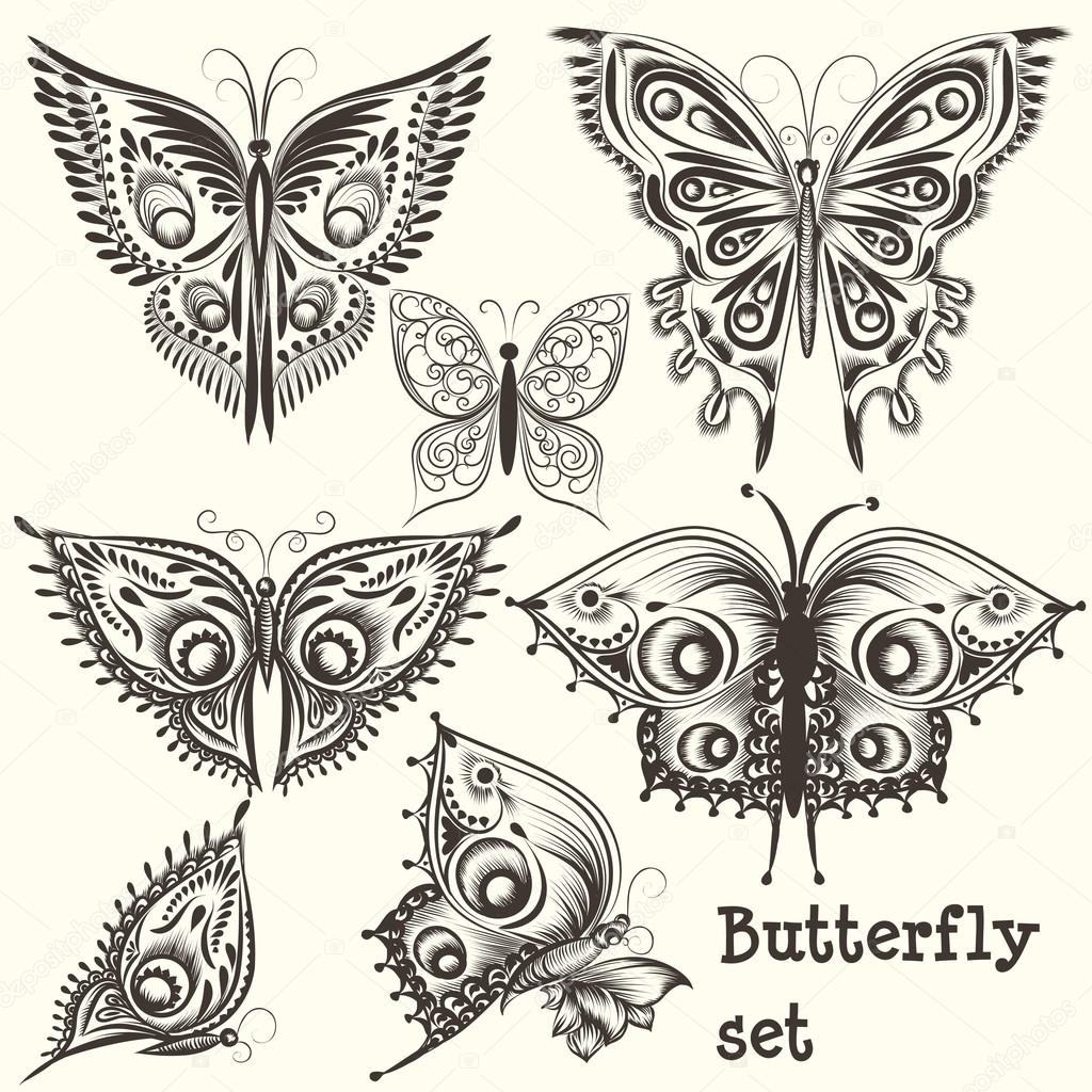 Vector set of filigree beautiful butterflies for design