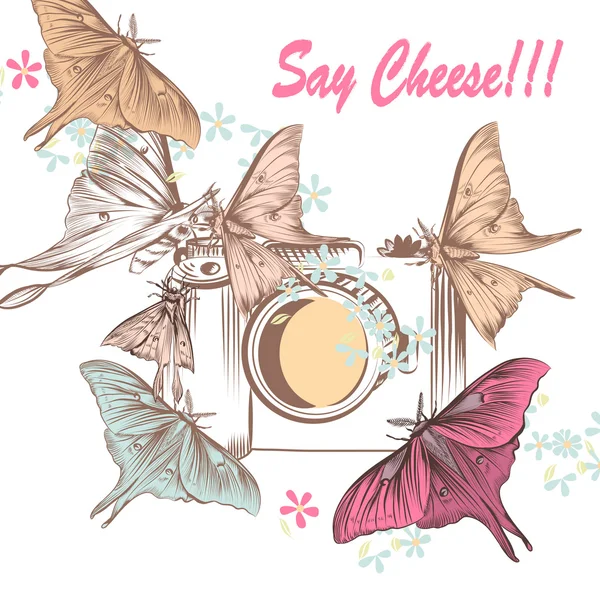 Ilustração com câmera antiquada e borboletas atirando —  Vetores de Stock