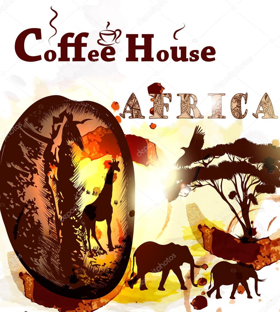 Grunge coffee poster with coffee grain, spots and African animal