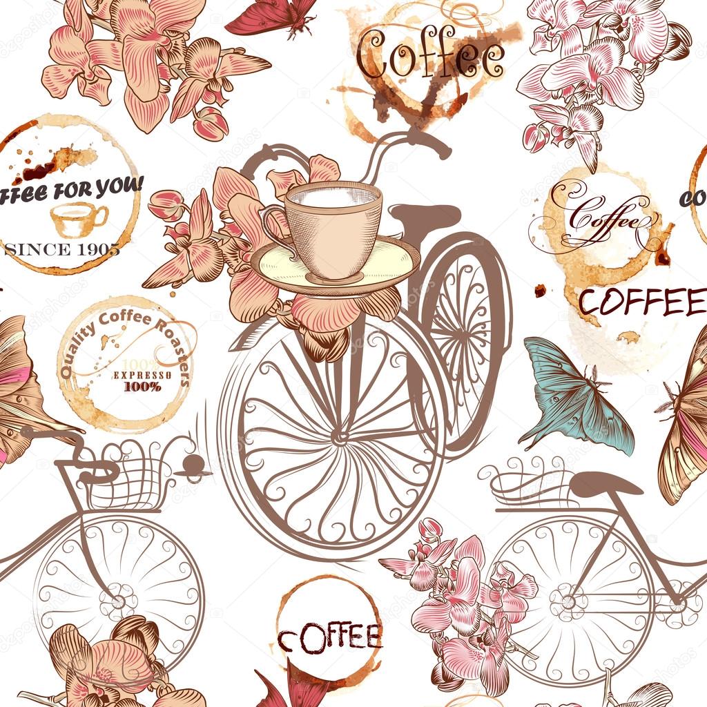 Cute vector pattern with fake bicycles and flowers